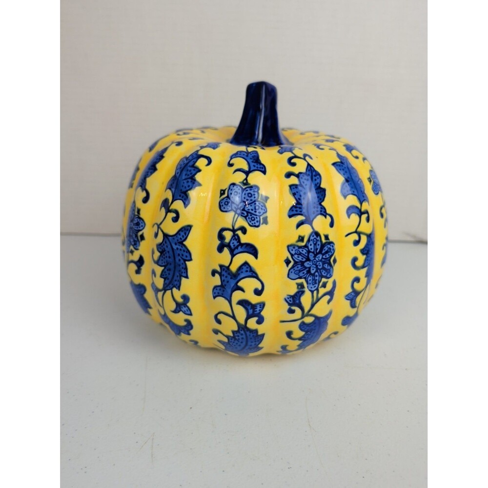 Mikasa Blue & Yellow Decorative Ceramic Pumpkin Fall Harvest 8" Tall